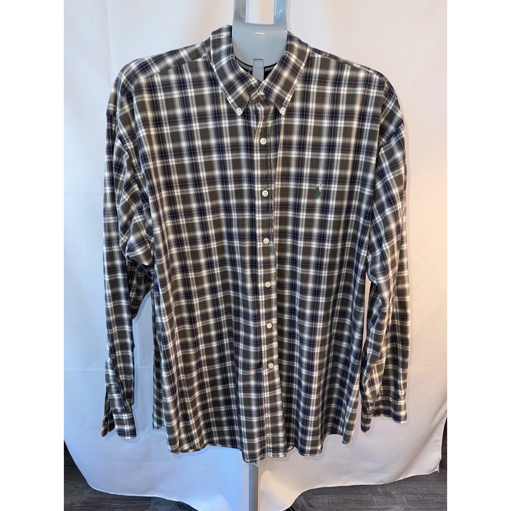 Polo Ralph Lauren Blake Mens XXL Plaid Button Down Shirt Olive Green Navy Cotton